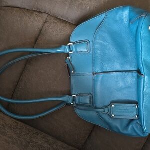 Tignanello Teal Blue Leather Shoulder Handbag